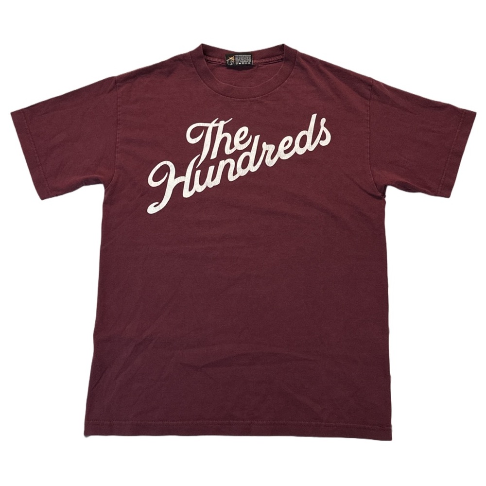 THE HUNDEREDS men's burgundy + white brand graphic tee, medium.